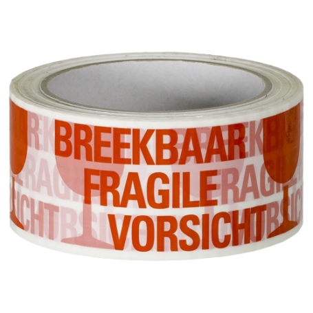 1215 PP verpakkingstape bedrukt FRAGILE 50mm x 66 meter Wit-Rood