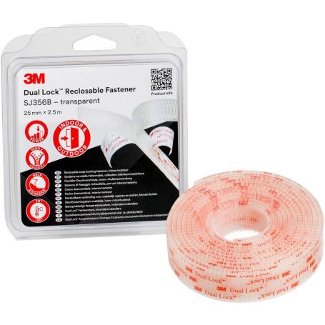 3M SJ356B Dual Lock voor binnen en buiten 25mm x 2.5 meter Transparant