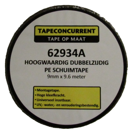 62934A Tapeconcurrent  dubbelzijdig PE schuimtape 0.8mm x 9mm x 9.6 meter Zwart