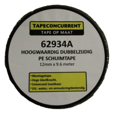 62934A Tapeconcurrent dubbelzijdig PE schuimtape 0.8mm x 12mm x 9.6 meter Zwart
