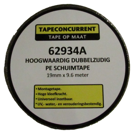 62934A Tapeconcurrent dubbelzijdig PE schuimtape 0.8mm x 19mm x 9.6 meter Zwart