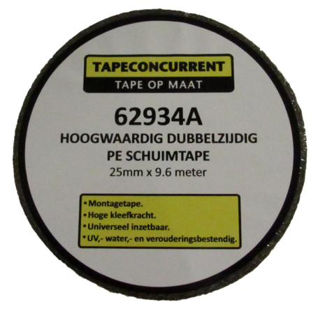 62934A Tapeconcurrent dubbelzijdig PE schuimtape 0.8mm x 25mm x 9.6 meter Zwart